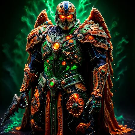 (Anime cyberpunk style) depiction of An Avenging Archangel, (highly detailed) features intricate Orange and Blue Warhammer armor with RED LED glowing accents amidst a dark background, creating a striking contrast. The ambiance is intense and dramatic, infused with neon colors of blues and greens, highlighting his powerful presence and evoking wonder and awe. (HD), ultra-detailed, captivating composition.