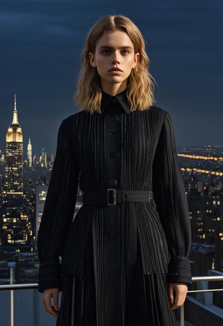 An ultra-detailed photorealistic representation of a fashionable 21-year-old with cascading hair, exhibiting a commanding stance in a setting inspired by JW Anderson's matrix, with subtle interweaving elements of renowned New York landmarks overridden with distinctive London elements glistening under the nocturnal sky, intensified drama of the scene delicately heightened by the tranquil backdrop of diffused golden sunlight,