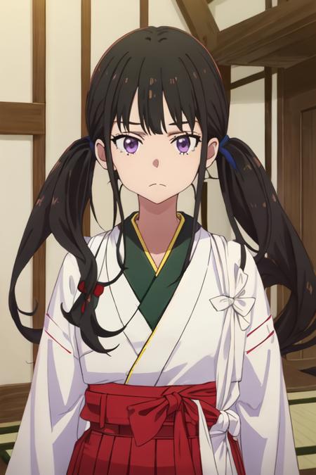 best quality, masterpiece, highres, solo, {white kimono:1.35}, {red hakama:1.35}, {wide sleeves:1.20}, {inoue_takina_lycorisrecoil:1.15}, black_hair, long_hair, bangs, purple_eyes, closed_mouth, ribbon, green_ribbon, neck_ribbon