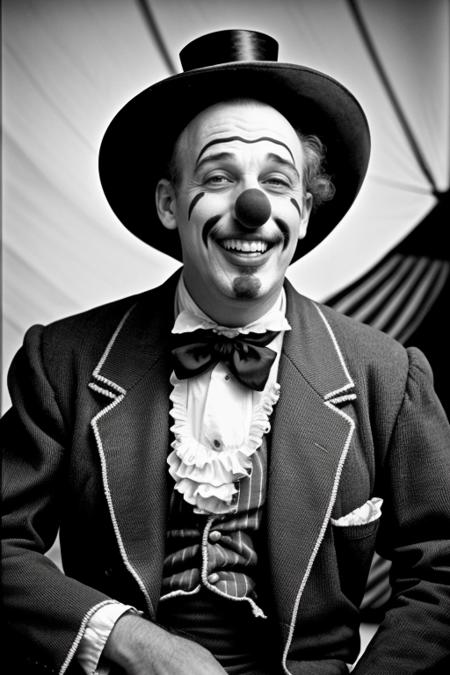 portrait jolly happy man bald in (clown costume:1.1)  1850, (huge carnival circus tent interior,  sideshow in background:1.1), (grayscale:1.3),  barnum