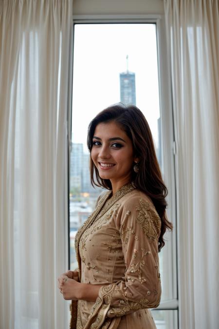 wide angle photo, ovfi, view through window,( view of city tower block through window:1.3), (london:1.1), iconic london skyline, {front|side|back} view, candid amateur, beautiful sexy sensual playful petite small person pakistani woman wearing ornate detailed embroidered {kameez|lehnga|saree}, bay windows,  large windows, <lora:buildings view from indoors_epoch_9:0.5>, <lora:add_detail:0.5>, knowing smile, masterpiece, best quality, absurdres, highres, 4k, intricate details, highly detailed, <lora:real_skin:0.7> skin, blushing, shy, <lora:retromanba:0.5> Yamanba (dark skin), (focus on background:1.2), RAW photo, 8k uhd, dslr, soft lighting, high quality, film grain, Fujifilm XT3, lr