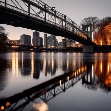 Blurry reflection of bridge on water, medium lighting, 8k uhd, dslr, soft lighting, high quality, film grain, Fujifilm XT3 <lora:Reflections-000400:0.8>