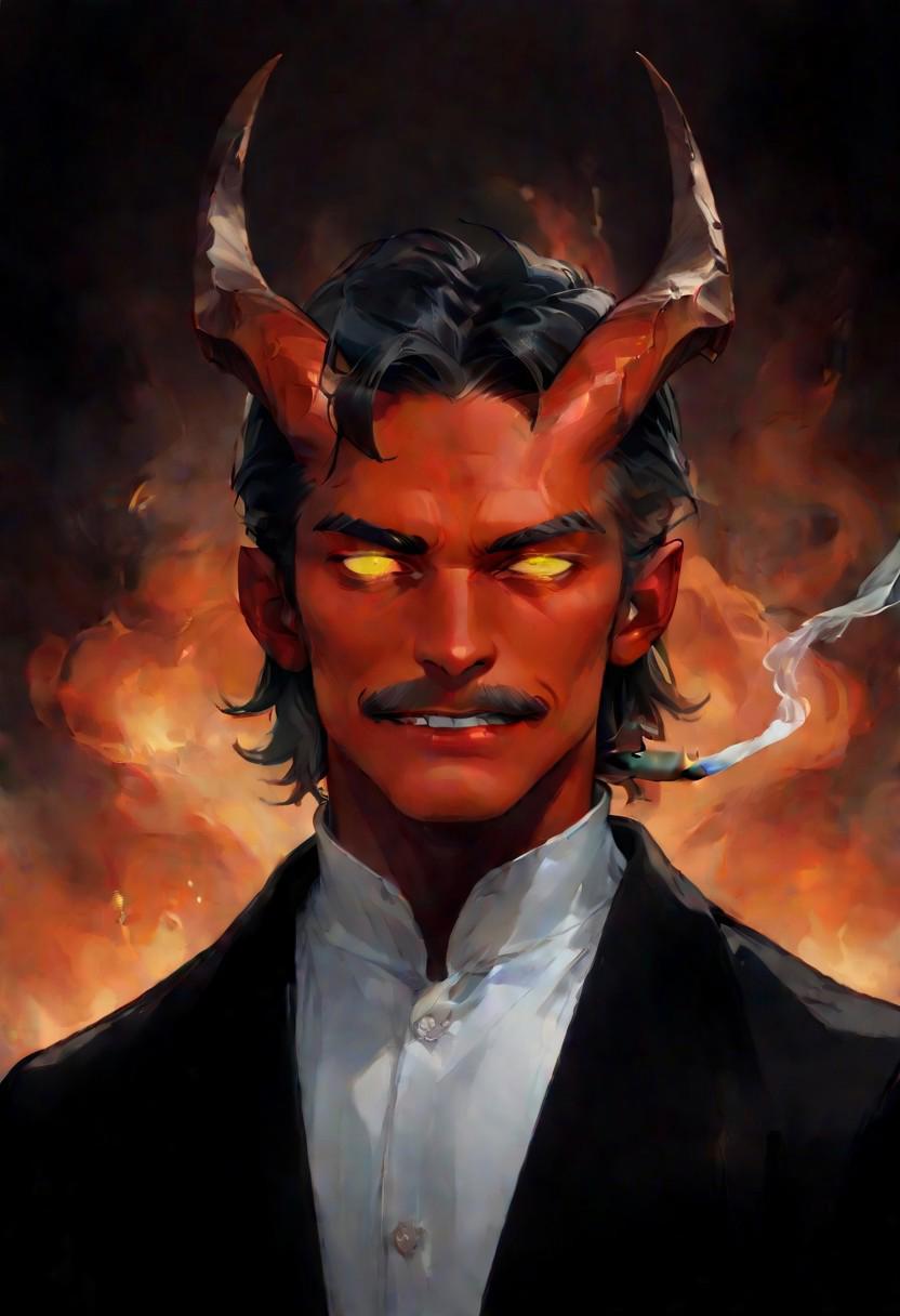 score_9, score_8_up, score_7_up, male tiefling, 1boy, black hair, thin mustache, slicked back hair, short hair, large horns, goat, yellow eyes, demon horns, red skin, black coat with gold details, white shirt, mature male, smoking cigar, hell background, fire background, fantasy art, sfw, dark theme, low light, solo, devil, grin, glowing eyes