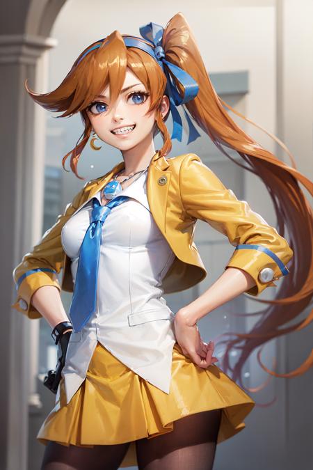 (masterpiece, best quality:1.2), <lora:aa_cykes-10:0.8>, cowboy shot, solo, 1girl, athena cykes, grin, hands on hips, orange hair, open clothes, yellow jacket, collared shirt, blue necktie, yellow skirt, pantyhose, single glove, partially fingerless gloves, single earring, crescent earrings