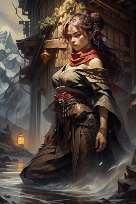 score_9, score_8_up, 8, score_7_up, solo,  
fantasy style, masterpiece, 8k, dynamic pose, 20 y.o, <lora:Fantasy_Classes_SD:1>,
dramatic and intense scene, a handsome muscular norse warrior dwarf clad in furs with long (dark brown hair) and beard with large bushy eyebrows, metal armour, In the background a mountain looms against the barren, icy landscape, snowy, high stakes and fierce conflict, bodies of orcs strewn about the battlefield, portrait, focus on his face, close up shot of his face
BREAK
(EyesHD:1.2), (4k,8k,Ultra HD), masterpiece, best quality, ultra-detailed, very aesthetic, sharp focus, depth of field, ray tracing, best lighting, detailed illustration, detailed background, cinematic, beautiful face, beautiful eyes, 
BREAK 
detailed background, eyelashes, erotic, looking seductive, coy. dynamic action image, detailed face, detailed eyes, direct mesmerizing gaze, BREAK (sideways glance:1.2), profile, kimono, single off shoulder, closed eyes, expressionless, head tilt, geta sandals, glowing theme, yakuza, samurai, perspective, rain outside, water drops, hair over shoulder, (bokeh:1.4), (contrapposto:1.3), arm support, arm scarf,
BREAK
oil painting, BadDream, negative_hand, NEG_EMBED_STABLE_YOGI_V3, FastNegativeV2, AissistV2
(detailed:1.3), (sharp focus:1.1), medieval style, (expressive face:1.2),,