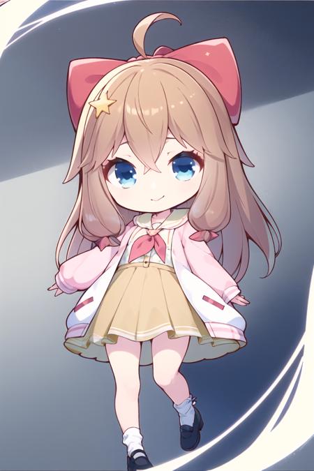 masterpiece, best quality, 1girl, solo, dynamic pose, brown hair, blue eyes, (official dress), jacket, pink hair bow, <lora:jiaranV11_0.75_V12_0.25:1>,  <lora:yuzusoft-chibi:0.8>, chibi, light smile, simple background, dynamic angle, full body, white socks, outstretched arms, neckerchief,