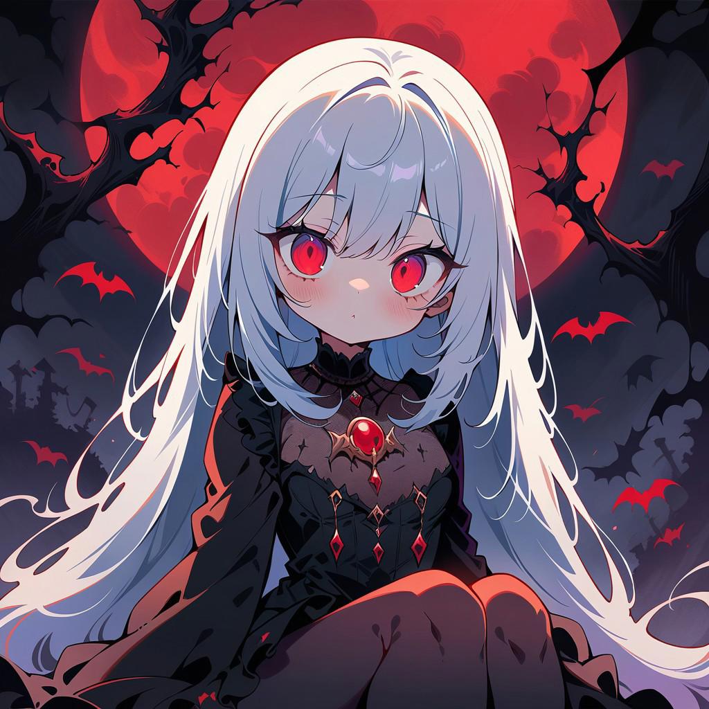 ((masterpiece, best quality, illustration)),ink outline, fine detail rendered, color, horror style, 1girl, vampire princess, beautiful, adorable, cute, kawaii, sitting, looking at viewer, white hair, very long hair, gorgeous black dress, stunningly crafted jewelry, bloody full moon, dark background, detailed background, perfect composition, masterpiece, best quality, 8k, ultra-detailed, very clear, perfect anatomy, anatomically correct hands, beautiful face, beautiful eyes, detailed eyes, beautiful hair, detailed hair, fantasy girl,