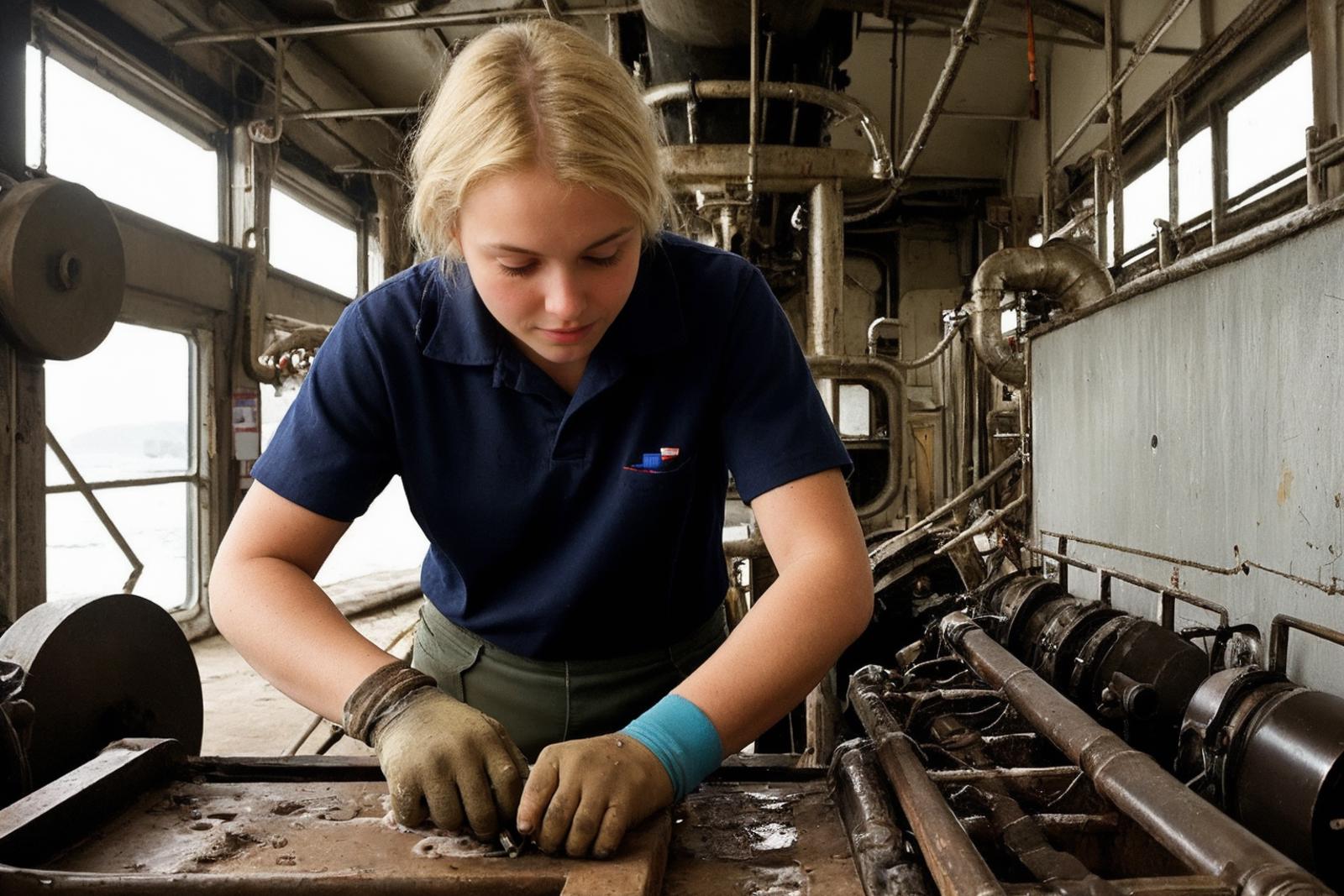 A woman in a blue shirt is working on a machine in a factory.