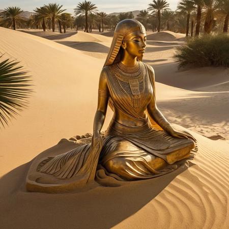 This is a hyper realistic digital painting that captures the essence of ancient Egypt. The centerpiece is a mesmerizing sand sculpture of a woman. She is dressed in flowing garments that are intricately carved with hieroglyphics, adding depth and detail to her unique form. The sculpture is nestled amongst towering palm trees, casting elongated shadows across her curves and edges. The desert dunes roll gently in the background, creating a sense of serene vastness. The late afternoon sun illuminates the sculpture, highlighting its textured surfaces and sharp edges. Shadows play on the sands, further emphasizing the intricate details and craftsmanship of the sculpture. The overall atmosphere is cinematic, transporting viewers to a time of exotic charm, timeless beauty, and the enchanting allure of ancient Egypt during the golden hour.