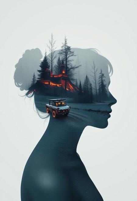 Abstract style dystopian future with elements of an apocalyptic winter inside the silhouette of a womans head and shoulders, that is a double exposure photograph . Non-representational, colours and shapes, expression of feelings, imaginative, highly detailed