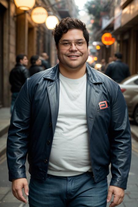 HarveyGuillen, photo of a chubby man wearing leather jacket and jeans and white t-shirt walking down the street, smile, glasses, soft focus, photo by mark henderson, cinematic, natural lighting, muted colors, night, bokeh, face portrait, (extreme close up:1), urban, beard, dynamic pose, muscular, fog, red and blue neon city lights, alley, realistic, masterpiece, intricate details, detailed background, depth of field
 <lora:rs-HarveyGuillenLora-03:1.2>