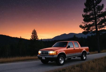 pick up truck, motor vehicle, no humans, tree, sky, outdoors, star \(sky\), road, scenery, night, vehicle focus, sunset, starry sky, orange sky, night sky, star \(symbol\), evening, gradient sky, twilight, nature, pine tree, forest, dusk, bush, mountain, cloud, grass, mountainous horizon, shadow, red sky, plant, (1996 Ford Explorer)