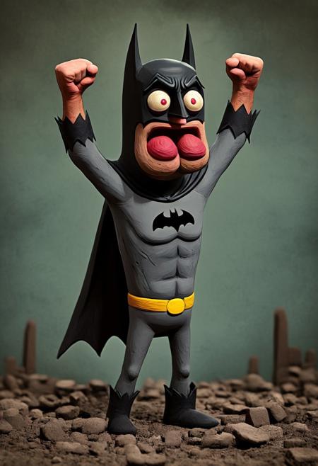 novuschroma51 style, clay buttman, two big cheeks, batman parody, superhero, round belly, funny, meme, criss-cross eyes, full body shot, upraised hands, stumpy legs, running, breathless, exhausted
