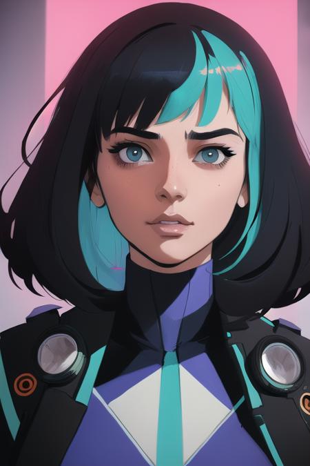 ((masterpiece)), best quality,A beautiful portrait painting of a cyberpunk anime girl by pascal blanche and sachin teng and sam yang and greg rutkowski, in style of colorful comic. symmetry, hyper detailed. octanev render. trending on artstation