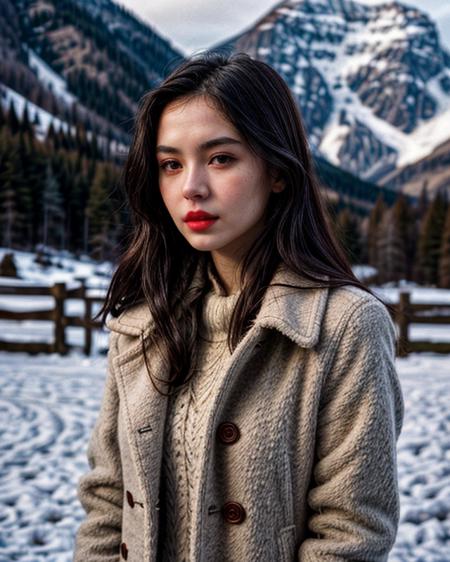 50mm film, 1girl, eurasian, solo, pale skin, pretty, tall, long dark hair, gorgeous eyes, small nose, red lips, parted lips, wearing woollen jacket, slim face, looking at viewer, photorealistic, 8k, film grain, blurry mountainous background, snowy, upper body, wide shot  <lora:more_details:1> <lora:looking_at_viewer:1> <lora:picxer_real:1> <lora:pytorch_lora_weights:1> <lora:silhouette:1>