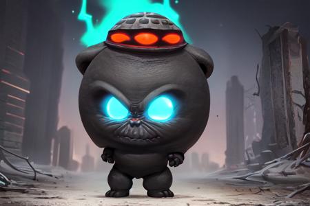 big head mode, full body shot, gigantic head like a funko pop, glowing eyed demon in an ancient cursed city