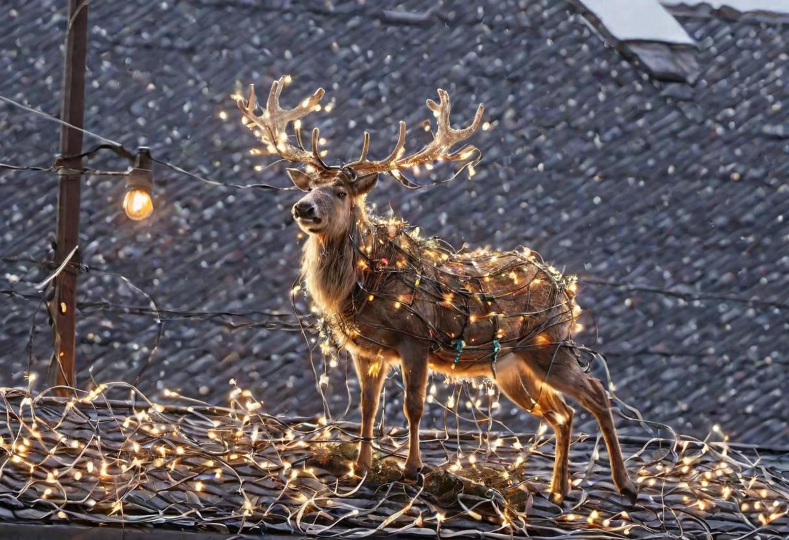 A deer with antlers and lights on its horns is standing on a rooftop.