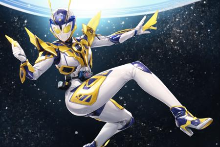 (masterpiece,best quality,4k,8k)kamen rider valkyrie RC, (1girl, solo, mature female, large breasts,wide hips,thighs), day,looking at viewer, antennae, full body,flying,leaping, in air,bee wings,shiny costume, (skin tight bodysuit), glowing yellow eyes, armor, science fiction, tokusatsu, female focus, kamen rider,belt,white gloves, <lora:kamen_rider_valkyrie_LH-09:0.6> <lyco:GoodHands-beta2:1.0>