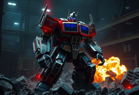 Generate a cinematic, high-detailed image of a mecha fused with Optimus Prime in a dark factory setting, emphasizing hyper-realism. Incorporate lasers, explosions, and rubble to enhance the atmosphere. Utilize Redshift rendering with unreal engine settings for an 8K, HD output with micro and lifelike details.