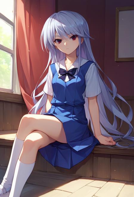 kazami kazuki, silver hair, long hair, red eyes school uniform, black bow white kneehighs sundress