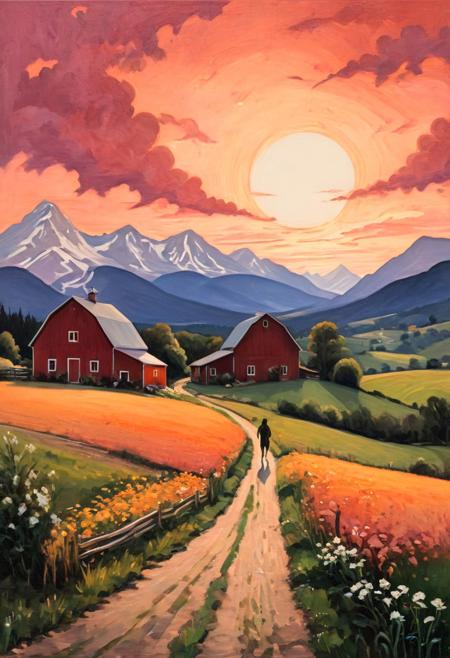 A nostalgic painting depicts a serene rural landscape at dusk. In the foreground, two silhouetted girls walk along a path, going home, walking toward a barn-like house. 
The house is centrally located and features a white symbol or graffiti on its side. 
The background is dominated by a range of mountains under a sky with a reddish hue at dusk. 
muted colors, tranquil atmosphere, calm, nostalgia, simplicity and peacefulness of countryside life. The overall composition is balanced, with the figures and barn providing focal points against the expansive natural backdrop.
Silhouetted Figures: The two figures walking toward the barn immediately draw the eye due to their dark, distinct outlines against the softer background.
Barn with White Symbol: The barn acts as a focal point, with the white symbol or graffiti adding an intriguing detail that makes you look closer.
Reddish Sky: The sky's warm hues of red and orange create a captivating backdrop, adding depth and atmosphere to the scene.
Mountains: The range of mountains, though muted, provides a majestic backdrop that balances the composition.