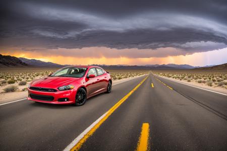 ((best quality)), ((masterpiece)), ((realistic)), (detailed),4K, absurdres, HDR,
cherry red Dodge Dart GTS 340 driving on the highway throught the death valley desert, chrome, glossy chassis, dramatic scene, thunderstorm with lightnings at the horizon, dramatic angle, low angle, focus car, motion blurr, wide angleâââ