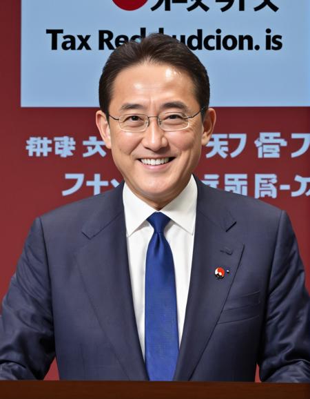 Fumio Kishida is presenting, in front of the screen, (bold title text reads "tax reduction" is written on the screen:1.25), PowerPoint presentation materials, (Hinomaru, Japanese flag:1.05), press conference, standing, portrait, smiling, (best quality, High quality, highly detailed, intricate details, Highres, 8k, RAW photo:1.25), <lora:Kishida-SDXL_v2.15:0.55>