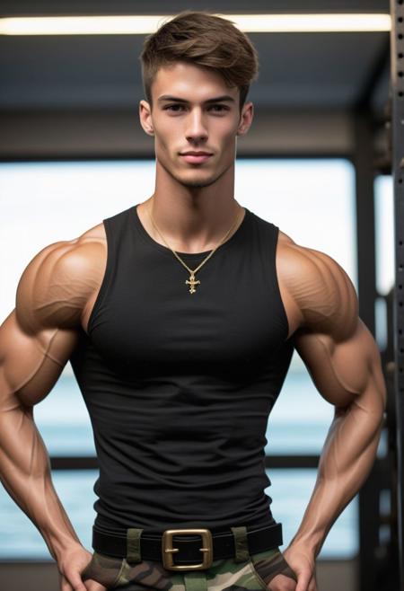 handsome 25 yo skinny pirate with ultra wide torso, thin waste, V-shaped body, aesthetic physique, proportional muscle definition, toned body, tall, flexing, posing in military outfit, manly bulge, (sculpted:1.7) (toned:1.3) (lean:1.3) (slender:1.3), NSFW, white skin, sweat, horny, happy, (impossible fit:1.5), NSFW,