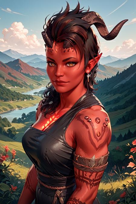 BGKarlach, 1girl, demon horns, black hair, red skin