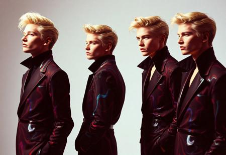 4 Caucasian Male models  , all identical but in different stances , crystallisation, schizophernia, bioluminescent Jem the Hologram, surreal psychedelic flowing avant-garde art by Yoh Nagao and Erik Madigan Heck and Alan Aldridge, 1980's new wave totally radical fashion.,side view, side eye,