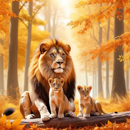 beautiful magical autumn forest, soft light, lion couple with cubs in harmony, fairy tale vibe but semi-realistic, orange and yellow foliage, emotional atmosphere, 8k detailed fur