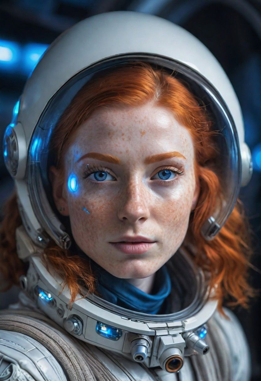 photo of a ginger woman, in space, futuristic space suit, (freckles:0.8) cute face, sci-fi, dystopian, detailed eyes, blue eyes