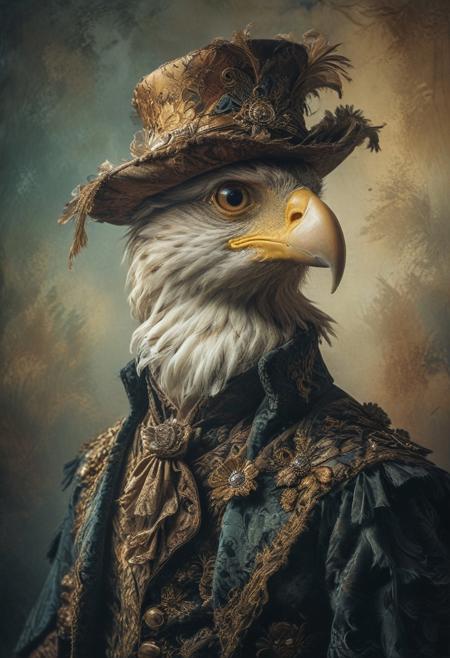 anthropomorphism. Create a portrait of a eagle dressed in 18th-century men's attire. The eagle wears an elaborate, ornate waistcoat, a ruffled cravat, and a classic tricorn hat, all rendered in rich fabrics and intricate patterns.
, photography, Natural geographic photo, Hyper-realistic, 16k resolution, (masterpiece, award winning artwork), many details, extreme detailed, full of details, Wide range of colors, high Dynamic,
<lora:MJ52:0.4>, <lora:SDXLFaeTastic2400:0.8>, <lora:CinematicStyle_v1:0.8>, <lora:zavy-cntrst-sdxl:0.5> novuschroma37 style, style of holga photography, light leaks, double exposure, <lora:add-detail-xl:2>