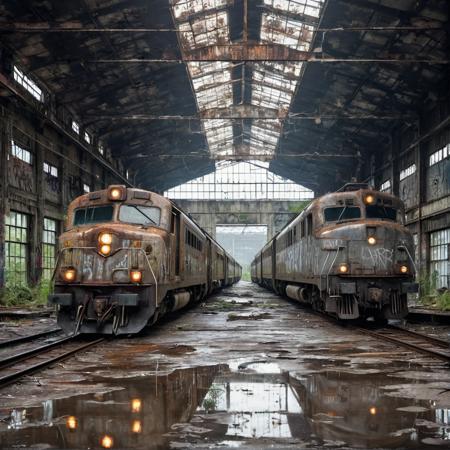 abandoned train depot with leaking roof, large puddles on the cracked concrete floor, rusted electric locomotives from the 1970s covered in dust and graffiti, wet metal surfaces reflecting dim natural light, broken overhead lighting, shattered windows letting in grey daylight, overgrown vegetation creeping inside, photorealistic, high detail, moody atmosphere, water dripping from ceiling, cinematic composition, ultra-realistic, 35mm lens, depth of field, wet surfaces, HDR, sharp textures, damp smell vibe