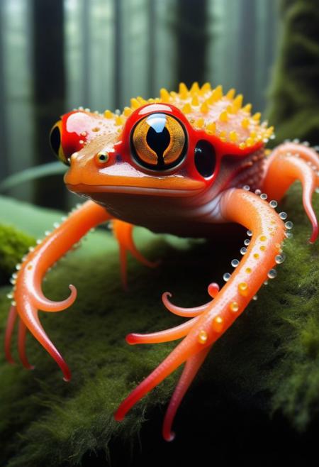 ASCIIthe image presents a fantastical creature that resembles a frog, but with an otherworldly appearance. the creature is predominantly red and orange in color, giving it a vibrant and striking appearance. it has large, expressive eyes that seem to be wide open, suggesting a sense of surprise or curiosity. the creature's head is crowned with a large, clear bubble like structure, which is adorned with small yellow spines along its surface. this adds a unique texture and visual interest to the creature's appearance. the body of the creature is composed of thin, red tentacles that extend from its back and sides. these tentacles are arranged in a way that gives the creature a somewhat spiky appearance, adding to its overall fantastical nature. the background of the image features various plants and trees, suggesting that the creature might be situated in a forest or natural environment. the presence of these elements helps to create a sense of depth and context for the creature's surroundings.