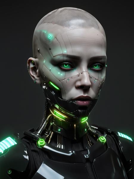 solo, looking_at_viewer, simple_background, green_eyes, artist_name, aqua_eyes, lips, makeup, robot, black_background, portrait, science_fiction, realistic, android, joints, bald, cyborg, robot_joints, cyberpunk, humanoid_robot , <lora:Digital_Madness:0.75>