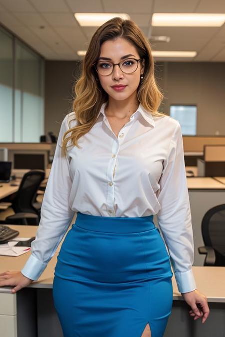 (ultrarealistic, ultradetailed)1.2, a mature woman, beautiful, curvy, (medium wavy blonde hair), detailed expressive blue eyes, (thick frame eyewear), detailed lips, seductive smile, highly detailed face, (unbuttoned shirt, pencil skirt, high heels)1.1, (standing at her workstation, in a office)1.1, 32K UHD resolution, (visible skin details, highly detailed skin, realistic clothing deformation, natural material texture, material's natural reflection, clothing specularity, diffuse reflection), soft lighting, path tracing, Physically Based Rendering, Principled BSDF, (high quality, masterpiece, best quality, maximum detailed photo)1.2,