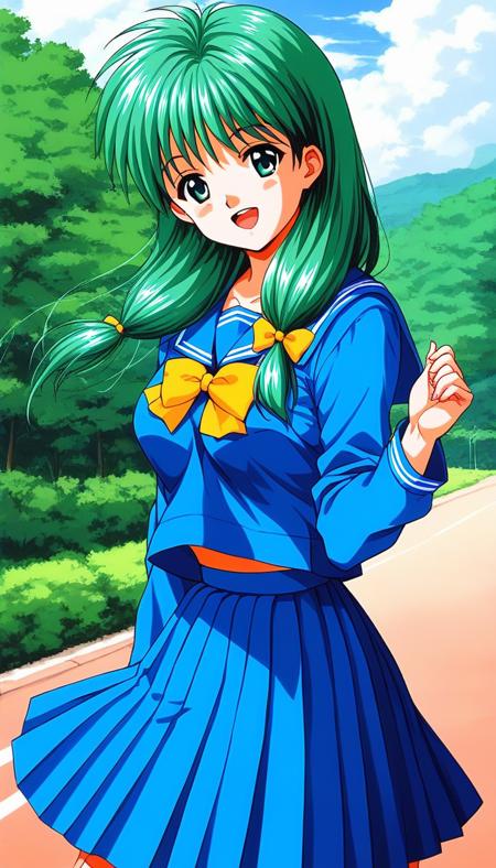 Kisaragi_Mio, long hair, green hair, glasses,  green eyes, hair over shoulder, low-tied long hair,  medium breasts, Kisaragi_Mio, long hair, green hair, no glasses,  green eyes, hair over shoulder, low-tied long hair,  medium breasts, 1990s \(style\), Yellow bow,