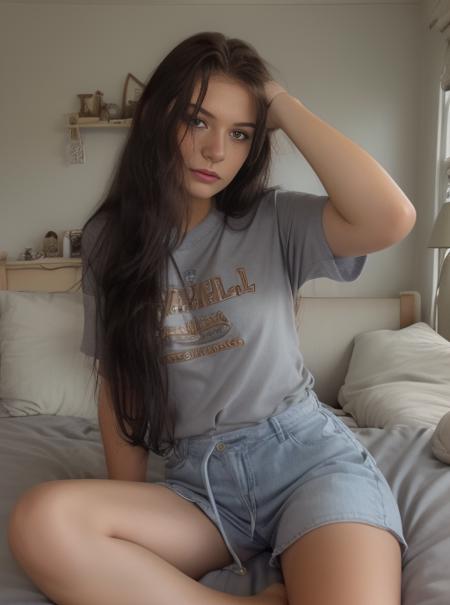 <lora:Zinnia:1> woman wearing a mens ((oversized t-shirt)), , messy hair, brunette hair, gray blue eyes, long hair, hyper realistic, 4k, medium breasts,  masterpiece, beautiful, facing the viewer, headshot, cleavage, pale skin, fair skin, ((nasolabial folds)), skin colored lipstick, DSLR RAW PHOTO, 8K, POV, canon 5d, 85mm, ((bedroom, early morning, sitting on a bed)),