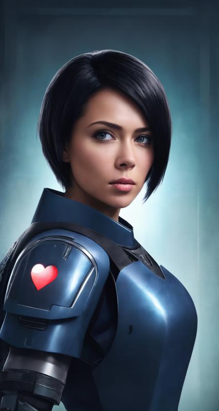 samburskaya, solo, translucent hair, heart eyes, 
middle shot, closeup, detailed background, hyper realistic, slim, fit,
(mixed media:0.8), [small breast]
an axe over her shoulder,robotic companion Airgetlam,the tension of impending battle, dark fantasy, DeviantArt, Scrubs, short hair,  (soldier:0.8), 
detailed background, ignorant, (deteriorating:0.8),<lora:samburskaya_sdxl_01:0.9>