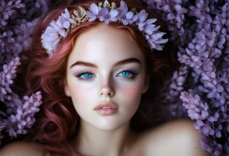 This is a highly detailed, high-definition photograph featuring a young woman with an ethereal, dreamy quality. She has striking, striking blue eyes with long, dark lashes and is adorned with a radiant, sun-kissed complexion covered in tiny, glittering specks, and lilac flowers, giving a magical, fairy-like appearance. Her hair is a vibrant, pastel pink color, styled in loose waves and adorned with a crown of fresh, blooming purple flowers, primarily lilacs, adding to her whimsical, otherworldly look.rockabilly style, 1girl, solo, realistic, pink hair, flower, looking at viewer, freckles, portrait, blue eyes, lips, 1950's