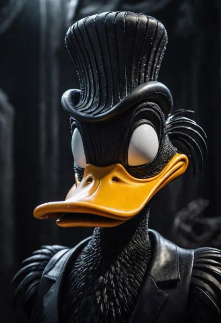 cinematic photo (Hyperrealistic, realism, Daffy Duck from Looney Tunes in style of H. R. Giger, Daffy Duck drawn in the style of Giger's art, vivid colors, alien environment, 32k, UHD, cinematic.), . 35mm photograph, film, full body, bokeh, professional, 4k, highly detailed, realistic, detailed, photo realistic, sharp focus, 8k, Close-up, grim smile, relaxed pose, portrait movie shot, serious, menacing, chiaroscuro style photo, dark background, minimalism, dramatic lighting, professional quality, dull highlights and shadows, natural and  original,