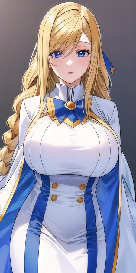 <lora:florence_aliciaV2:0.7> florence_alicia, huge_breasts, standing, solo, Winter_aria_company_uniform_White_long_dress_White_capelet_Blue_bowtie_Long_sleeves_high_collar_Side_slit,, masterpiece, best quality, detailed face, detailed eyes, highres,