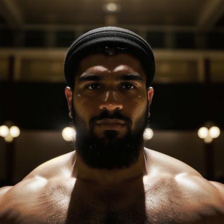 Hyperrealistic photo, a large, muscular Muslim man, bearded, in a large hall filled with other Muslim men. Detailed faces, Detailed skin, dark, dramatic, backlit.