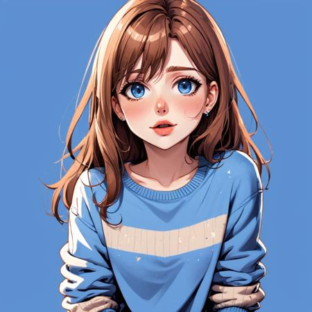 illustrator, anime , sketch , 1girl, lip, Sweater,order, Blue gradient background, brown hair, Textured crop, (masterpiece,best quality), girl, (cute, british, 18 year old), Tshirtdesign-TshirtDesignAF,  <lora:TShirtDesignRedmondV2-Tshirtdesign-TshirtDesignAF:1>