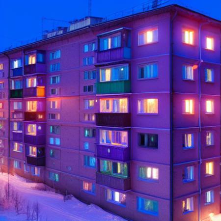 (khrushchevka:1.2), night view, (purple light inside windows shining:1.4)