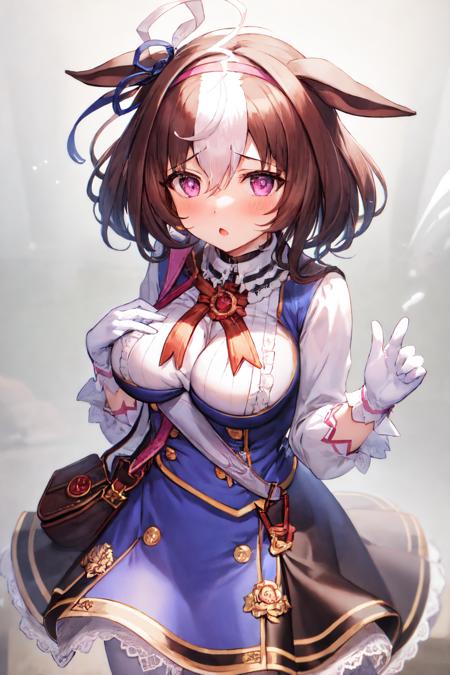 1girl,  meish0 d0t0,  blue dress, blue skirt,  blue ear ribbon, white gloves, pink hairband, white pantyhose, white legwear, frilled shirt collar, shoulder bag, flying sweatdrops,  <lora:Meisho Doto:1>, <lora:GBF_Splash:0.4>, splash art