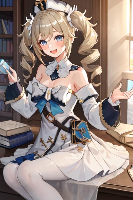 best quality, masterpiece, highres, solo, {barbara_genshin:1.15}, blonde_hair, blue_eyes, twintails, bangs, long_hair, drill_hair, twin_drills, hat, blush, smile, open_mouth, breasts, white_headwear, hair_ornament, 1girl, bare_shoulders, dress, long_sleeves, looking_at_viewer, white_dress, detached_sleeves, pantyhose, white_pantyhose, book