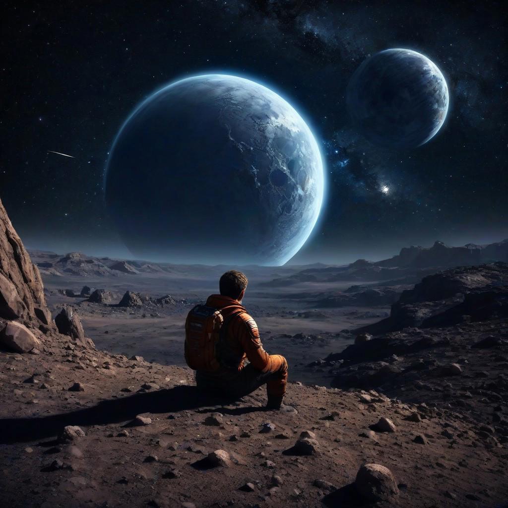 in the moon, space, galaxy, 1man, solo, sitting in the wilderness, alone, dark space, a close planet earth on background, stars, (meteors in the background:1.2)