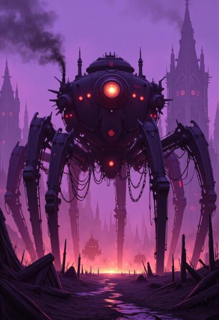 (Ultra-realistic, 12K, masterpiece, retro-futuristic, dark fantasy, cinematic lighting, film grain, gothic tone, hyper-detailed environment, reversal film look)
Cinematic scene: A desolate battlefield at twilight, cloaked in violet mist and ash. Broken gothic ruins rise across the cracked ground, where twisted metal and scorched banners scatter in the dust. From a crater of burning earth, a colossal robot spider tank emerges — forged from dark brass and obsidian steel, its eight serrated limbs clicking like guillotines. Its armored hull is adorned with glowing crimson sigils and etched retro circuits, exhaling steam from archaic vents.

The tank’s cyclopean eye burns bright red beneath a spiked crown, scanning the ruins. Arcane coils hum along its thorax, and chains dangle from its frame like mechanical tendrils.
Lighting: moody chiaroscuro — side-lit by fires, soft god rays pierce through smoky clouds.
Camera: low-angle cinematic shot, 35mm retro lens with shallow depth, focused on the tank.
Foreground: cracked flagstones, shattered helmets, torn war banners wrapped in metallic webs.
Midground: drifting ash and smoke coils.
Background: ruined spires fade into the storm haze.
Color palette: tarnished gold, deep violet, ember red.
Mood: grim, arcane, haunting — a cursed machine god rising from forgotten wars.
